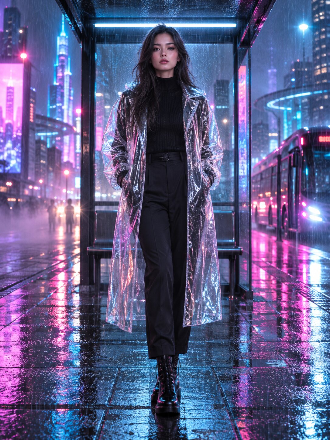 Неоновая AI-fashion сцена под дождём