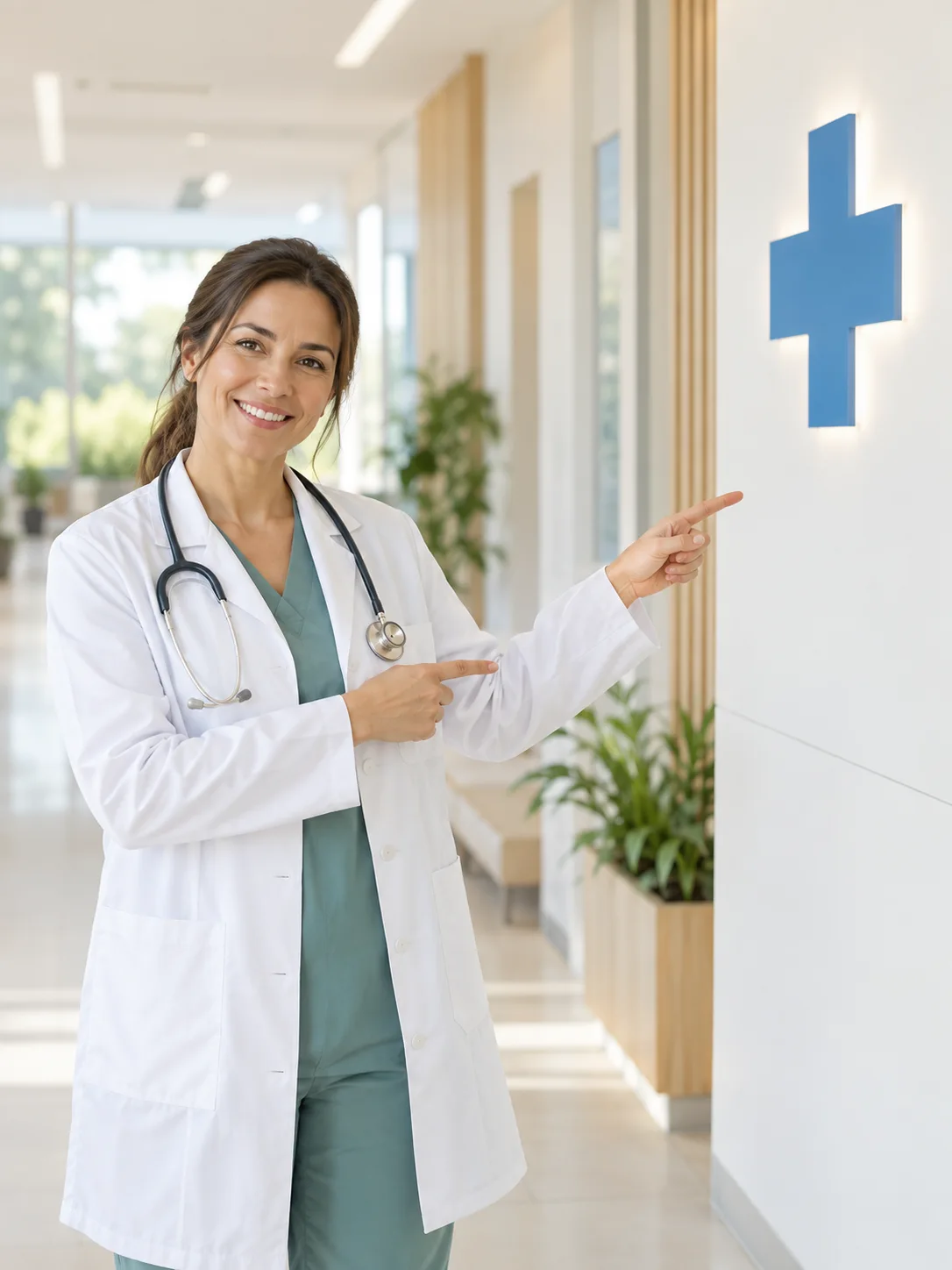 Врач, улыбка и знак на стене заменяют конкретный маршрут.